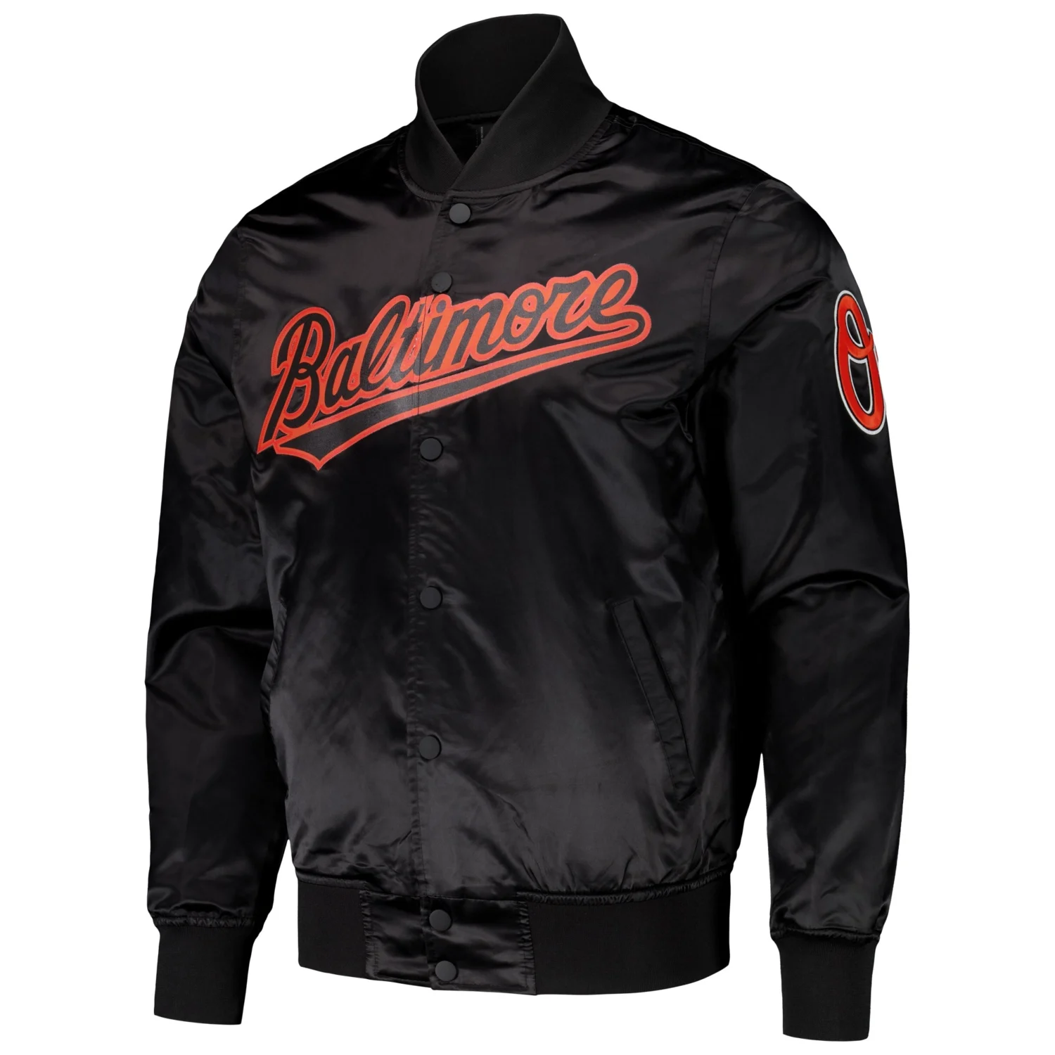 Baltimore Orioles Pro Standard Black Wordmark Full Snap Satin Varsity Jacket TeamJacketShop