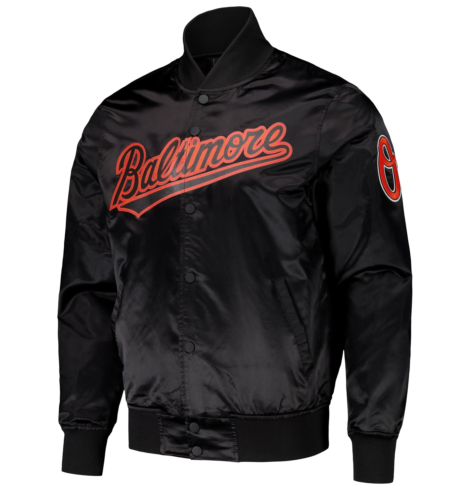 Baltimore Orioles Pro Standard Black Wordmark Full Snap Satin Varsity Jacket TeamJacketShop