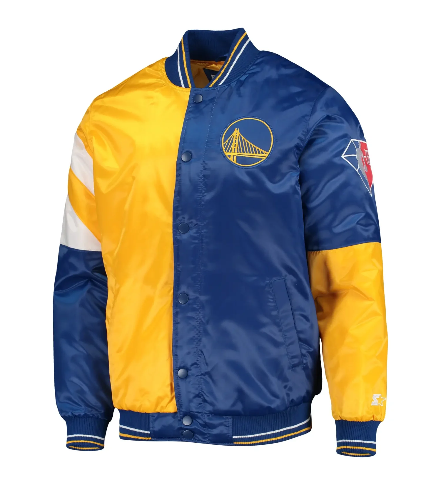 Mens Golden State Warriors 75th Anniversary Leader Color Block Satin Jacket TeamJacketShop