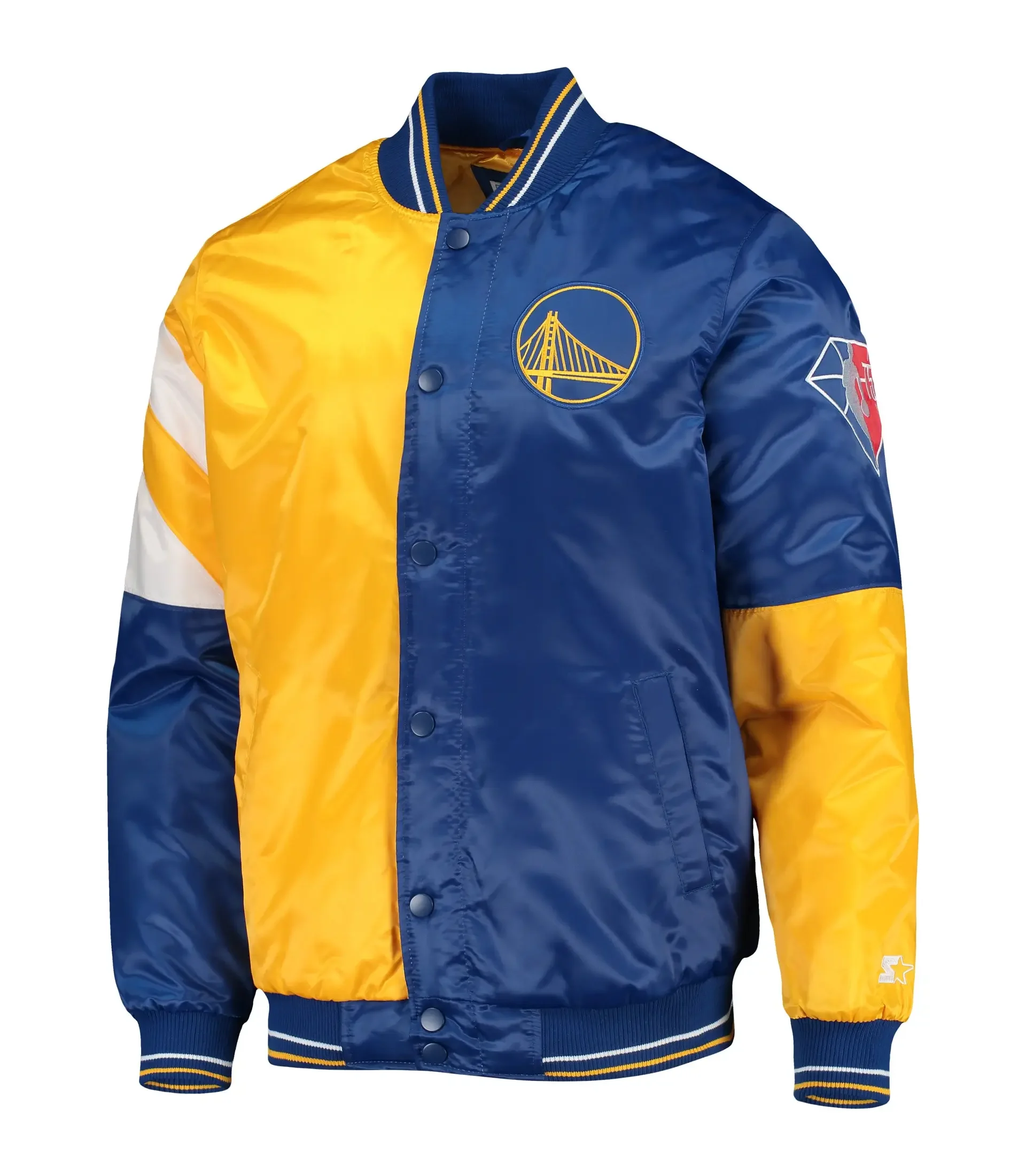 Mens Golden State Warriors 75th Anniversary Leader Color Block Satin Jacket TeamJacketShop