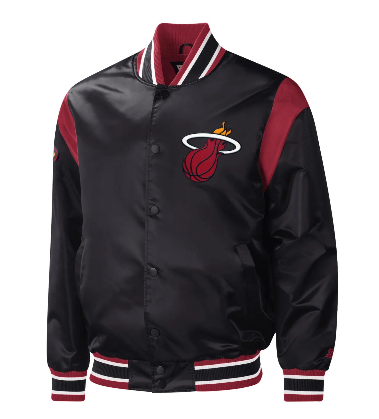 Miami Heat Starter Force Play Full Snap Black Satin Varsity Jacket TeamJacketShop