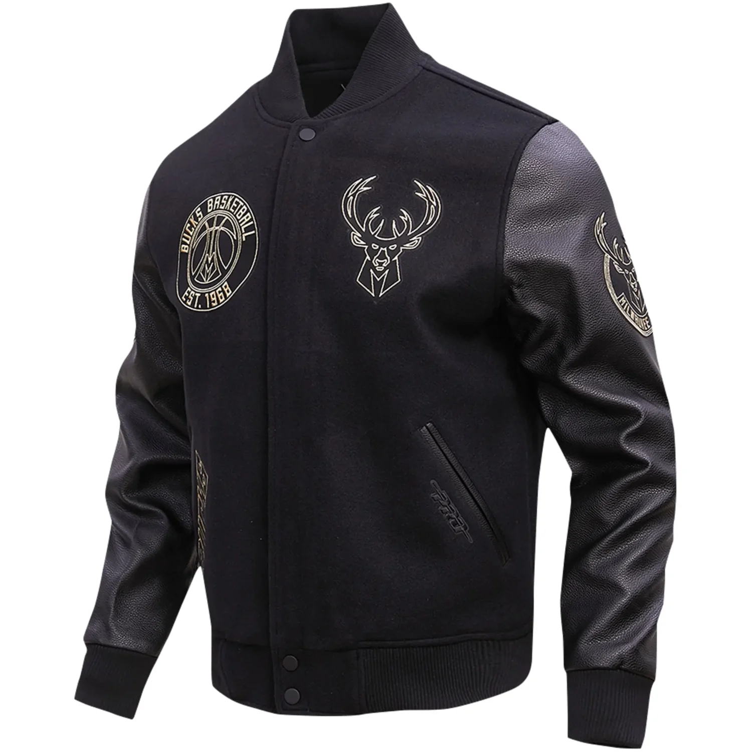 Milwaukee Bucks Pro Standard Black Gold Stitch Wool Leather Varsity Jacket team ajcket 1