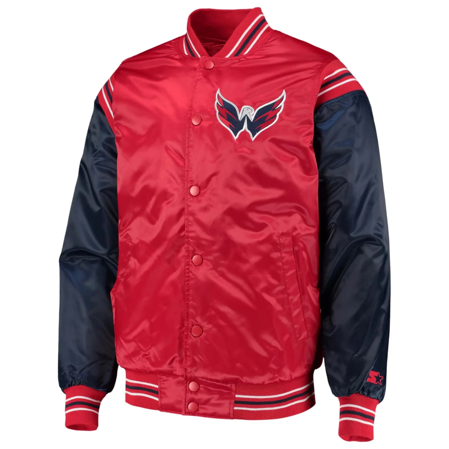 Washington Capitals Starter Enforcer Red And Navy Satin Varsity Team Jacket 1