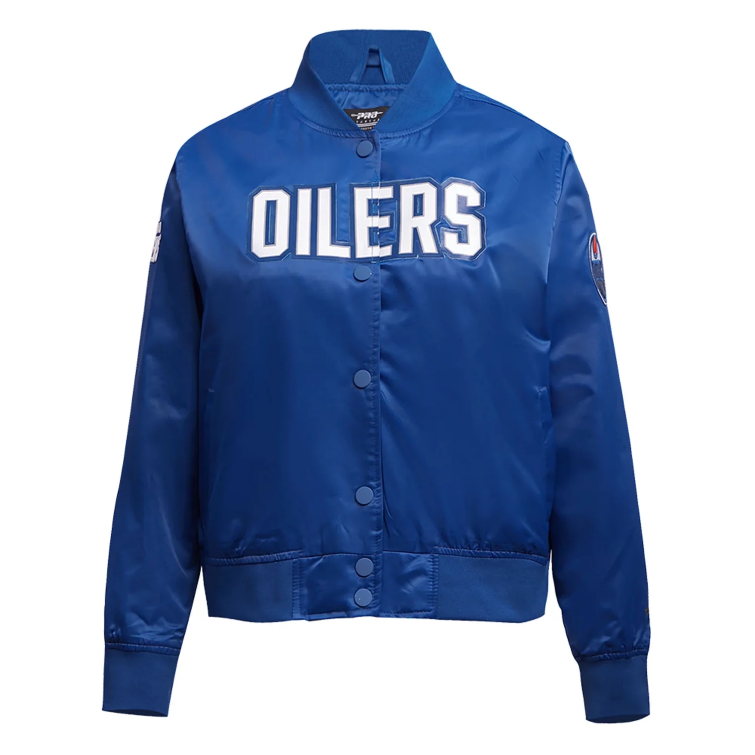 Womens Edmonton Oilers Pro Standard Blue Classic Satin Varsity Jacket TeamJacketShop