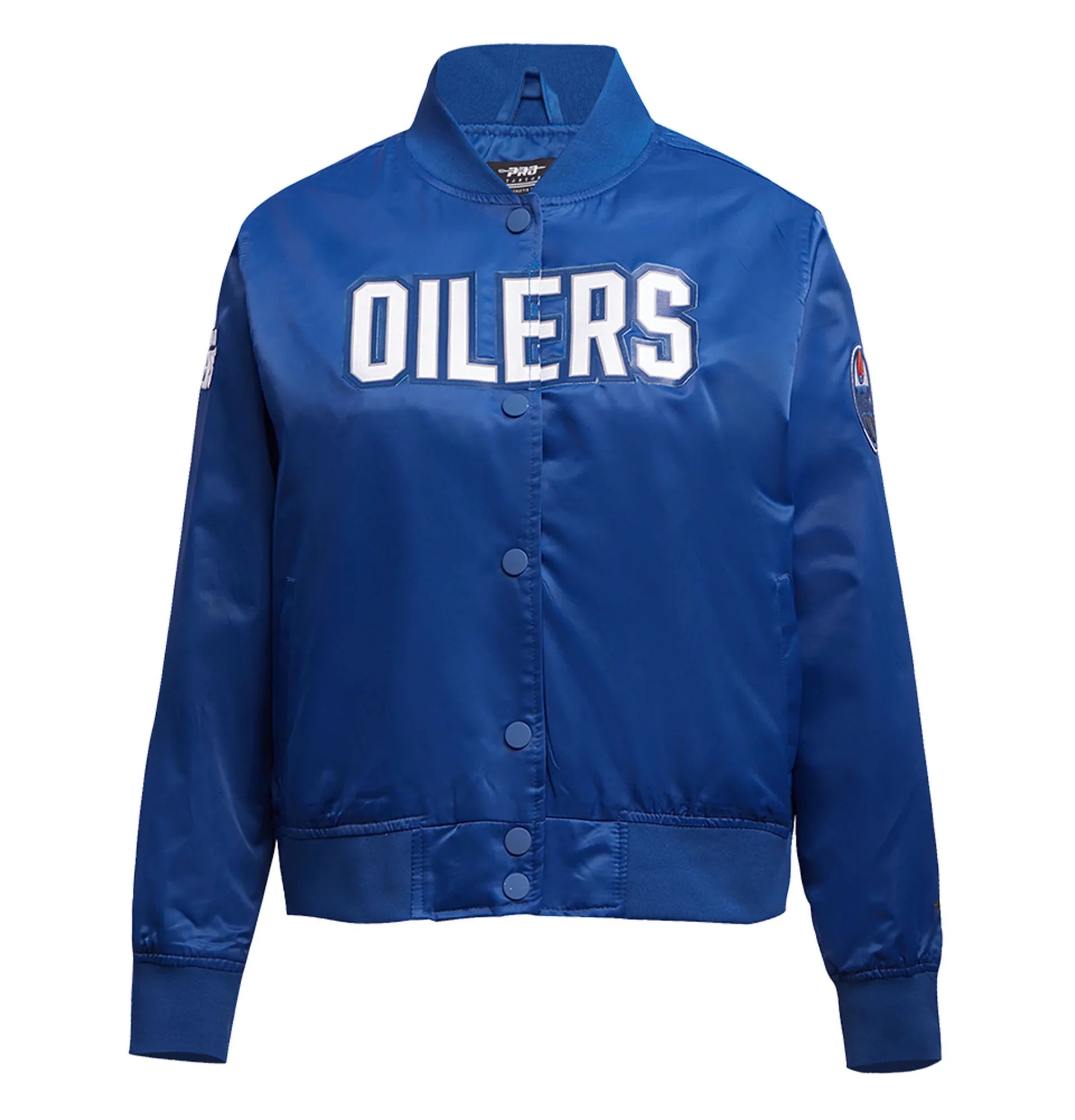 Womens Edmonton Oilers Pro Standard Blue Classic Satin Varsity Jacket TeamJacketShop