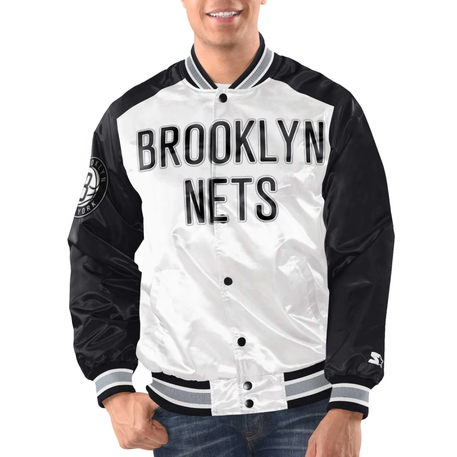 Brooklyn Nets Renegade Satin Varsity Jacket White Black TeamJacketShop