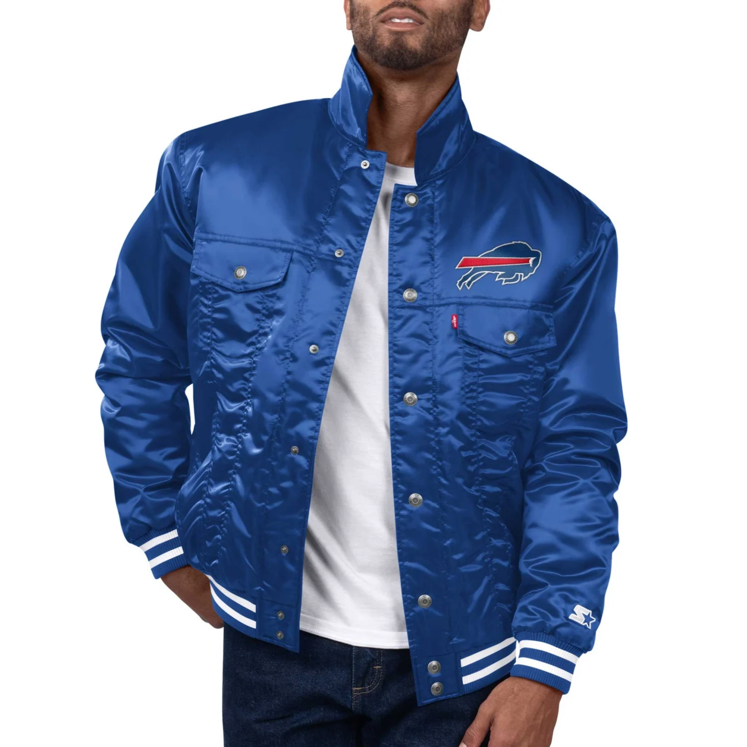 Buffalo Bills Silver Tab Trucker Satin Varsity Jacket Blue 1