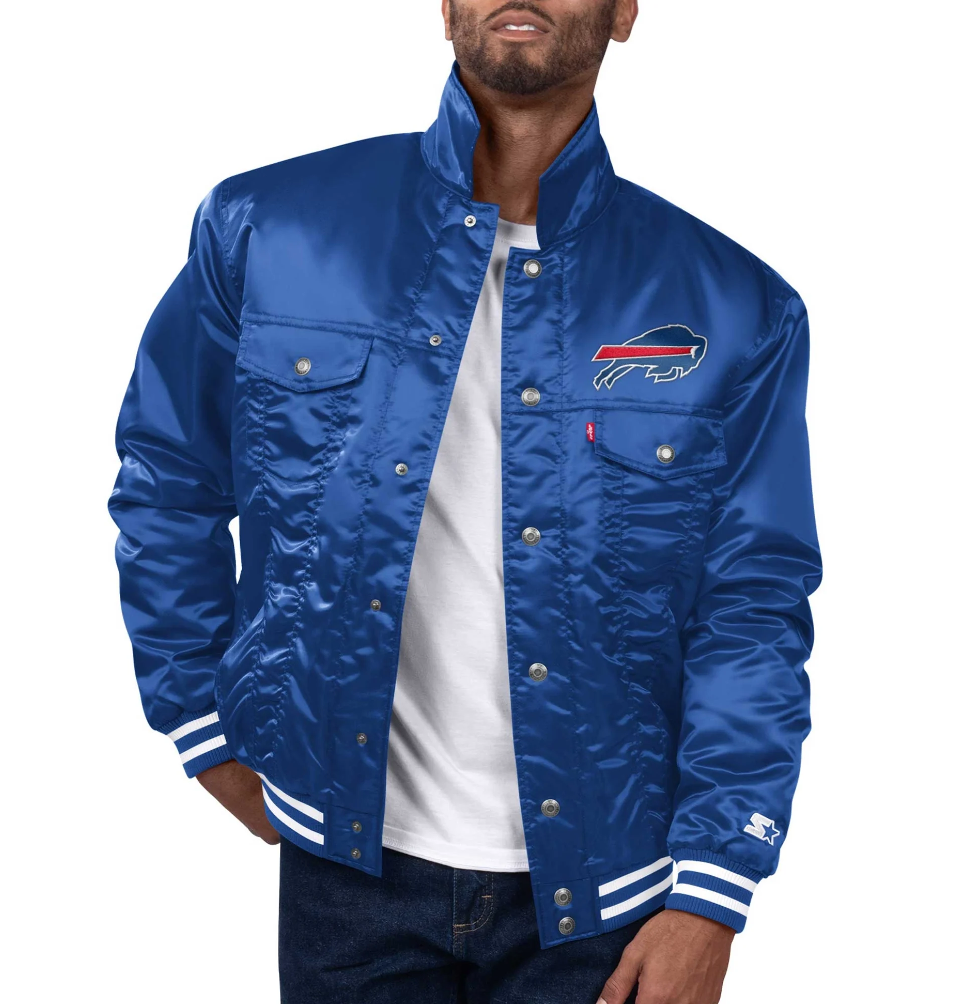 Buffalo Bills Silver Tab Trucker Satin Varsity Jacket Blue 1