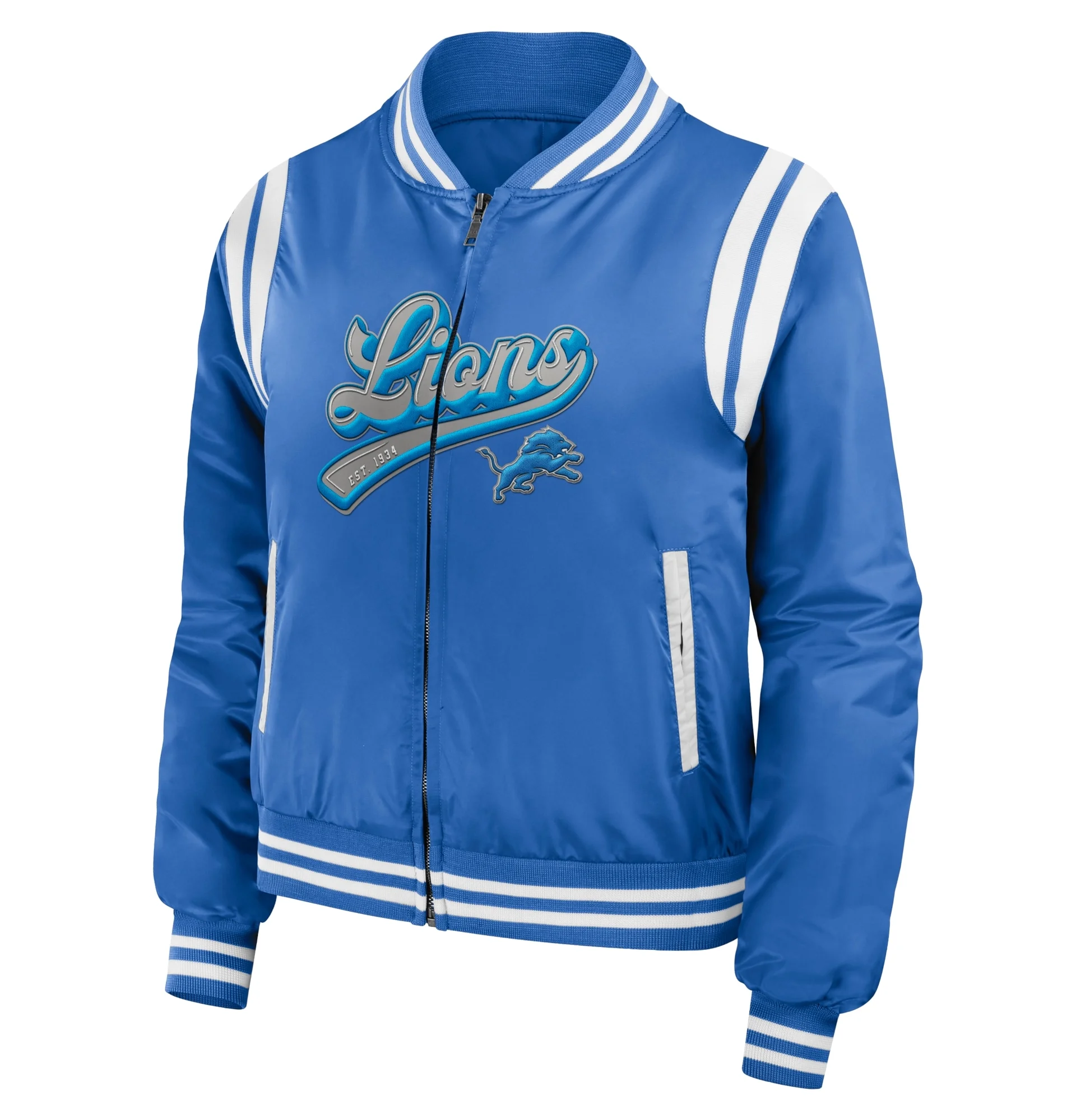Detroit Lions Womens Full Zip Bomber Varsity Jacket Blue 1 1