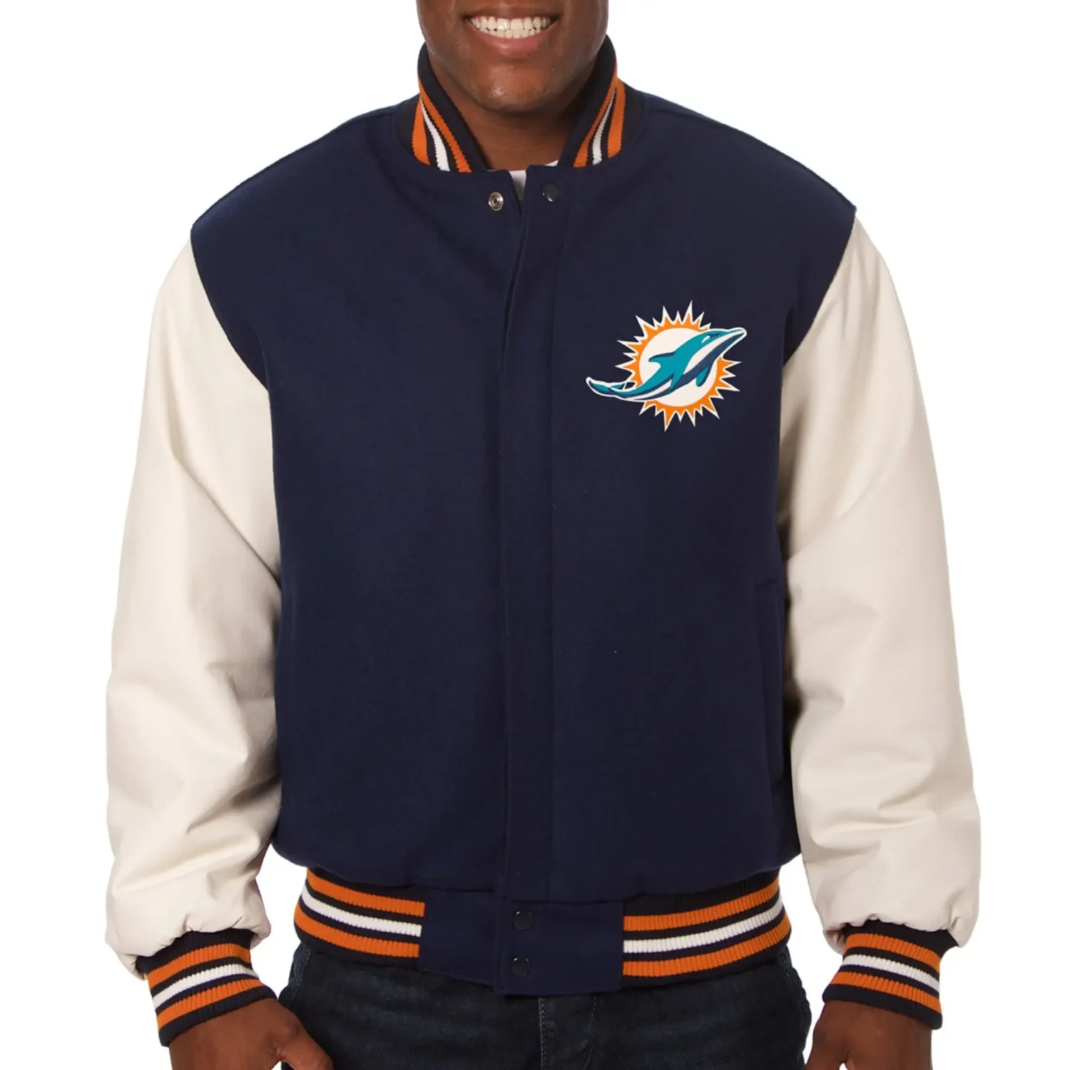 Miami Dolphins Wool Leather Varsity Jacket Navy White 1 1