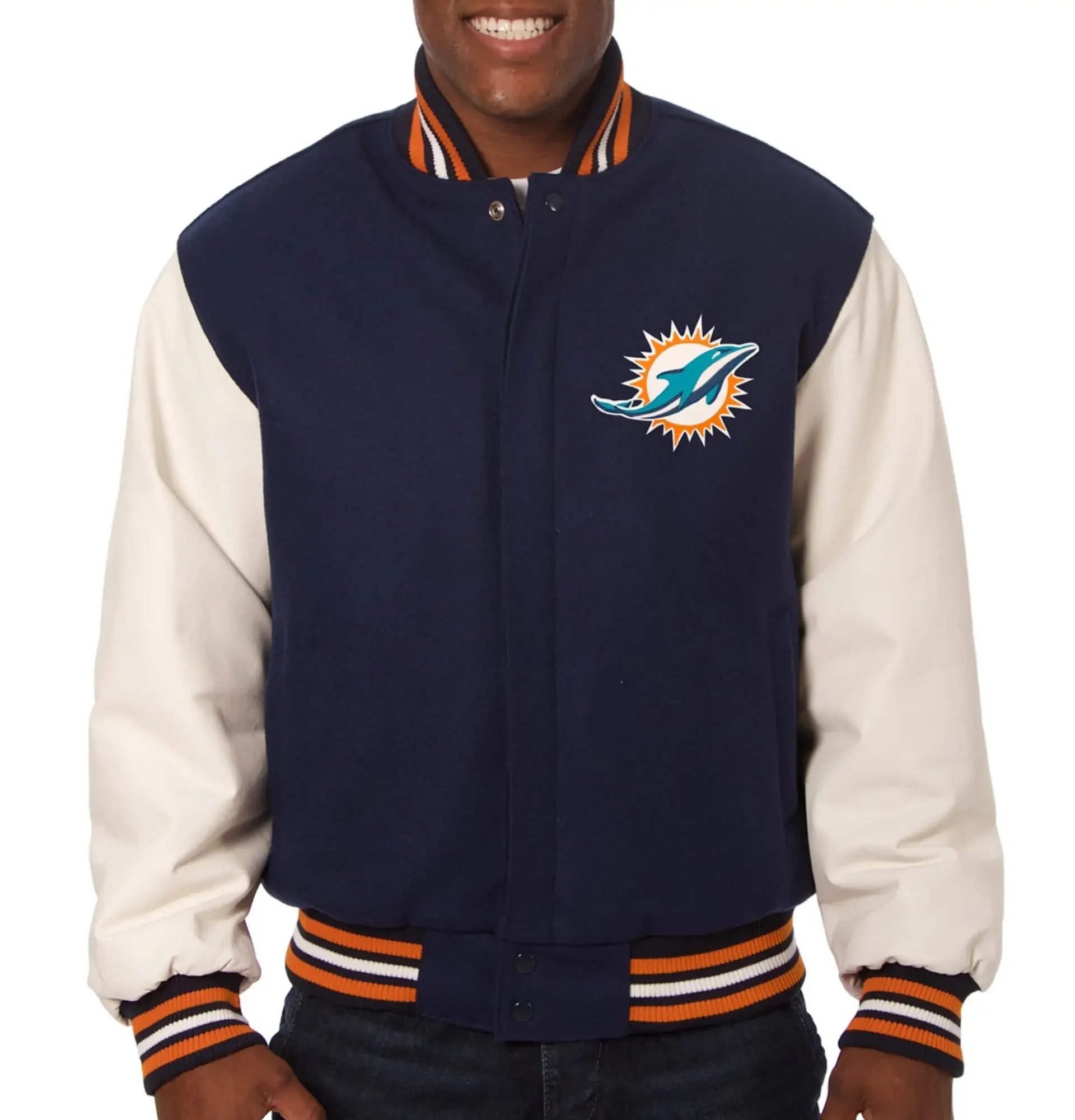 Miami Dolphins Wool Leather Varsity Jacket Navy White 1 1