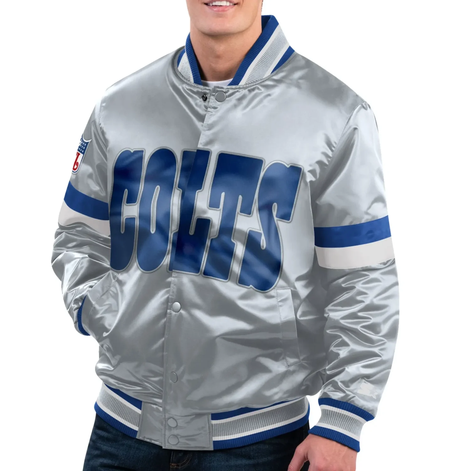 Indianapolis Colts Starter Gray Gridiron Classics Satin Varsity Jacket svj (2)
