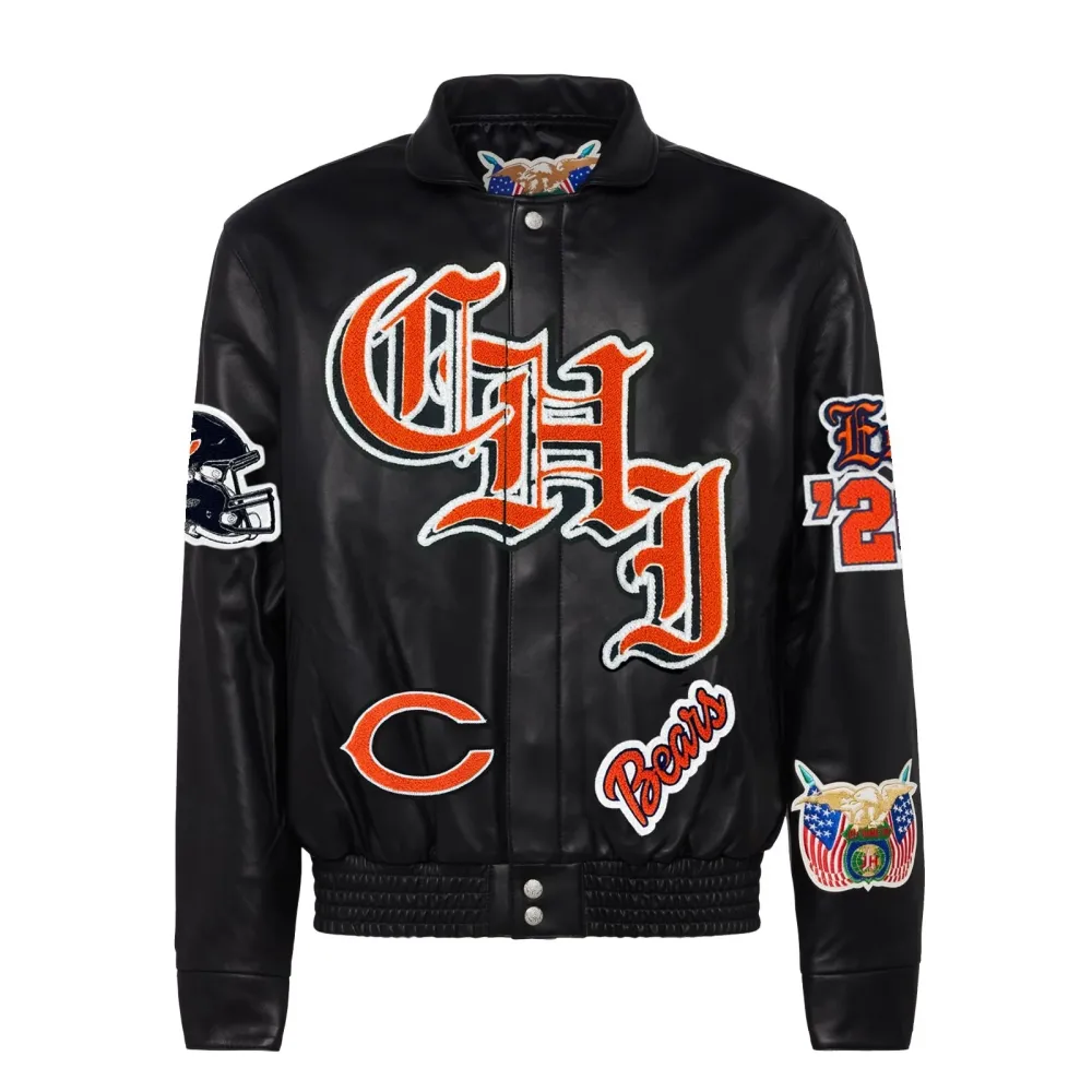 Chicago Bears Full Real Leather Old English Jacket Black svj (2)