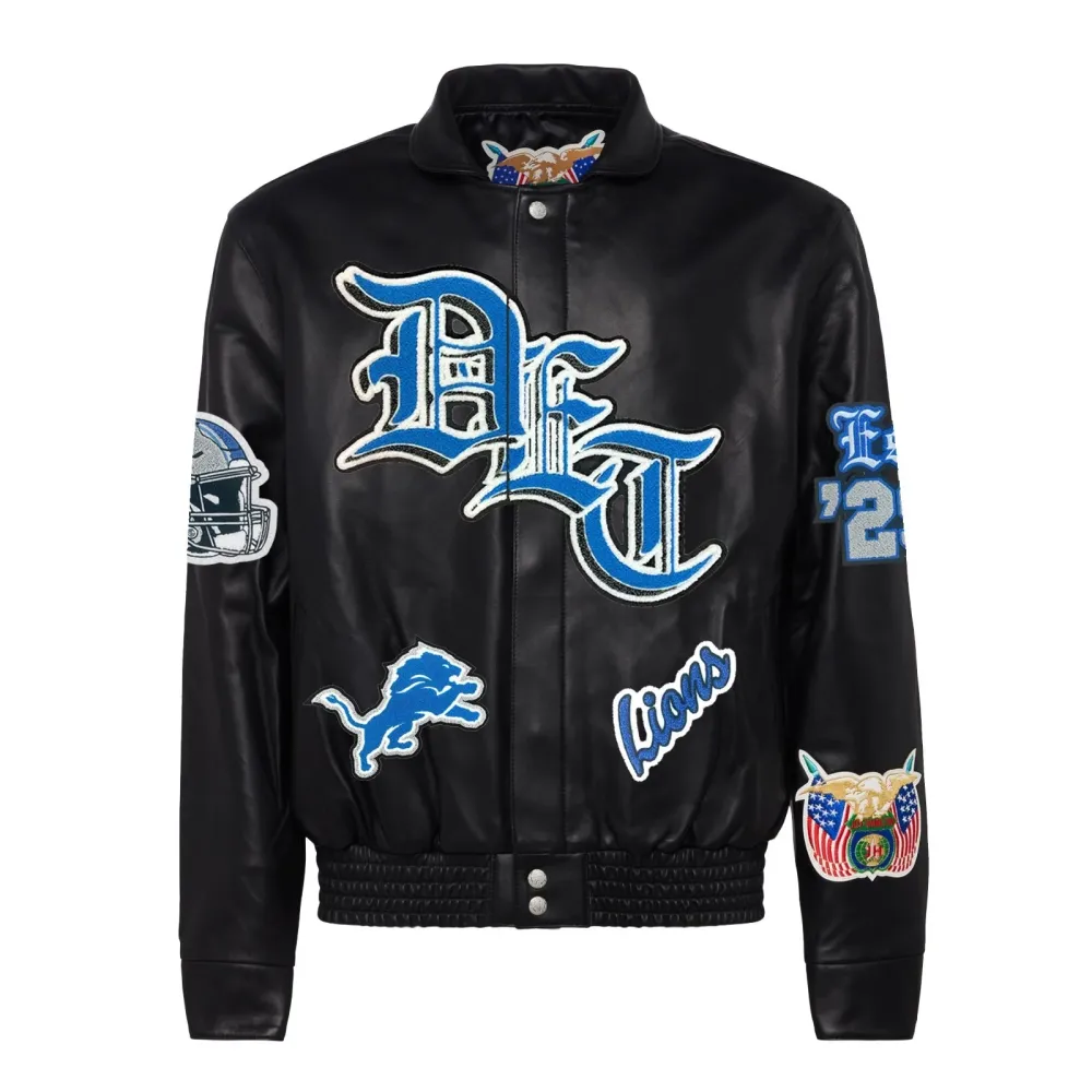 Detroit Lions Full Real Leather Old English Jacket svj (1)