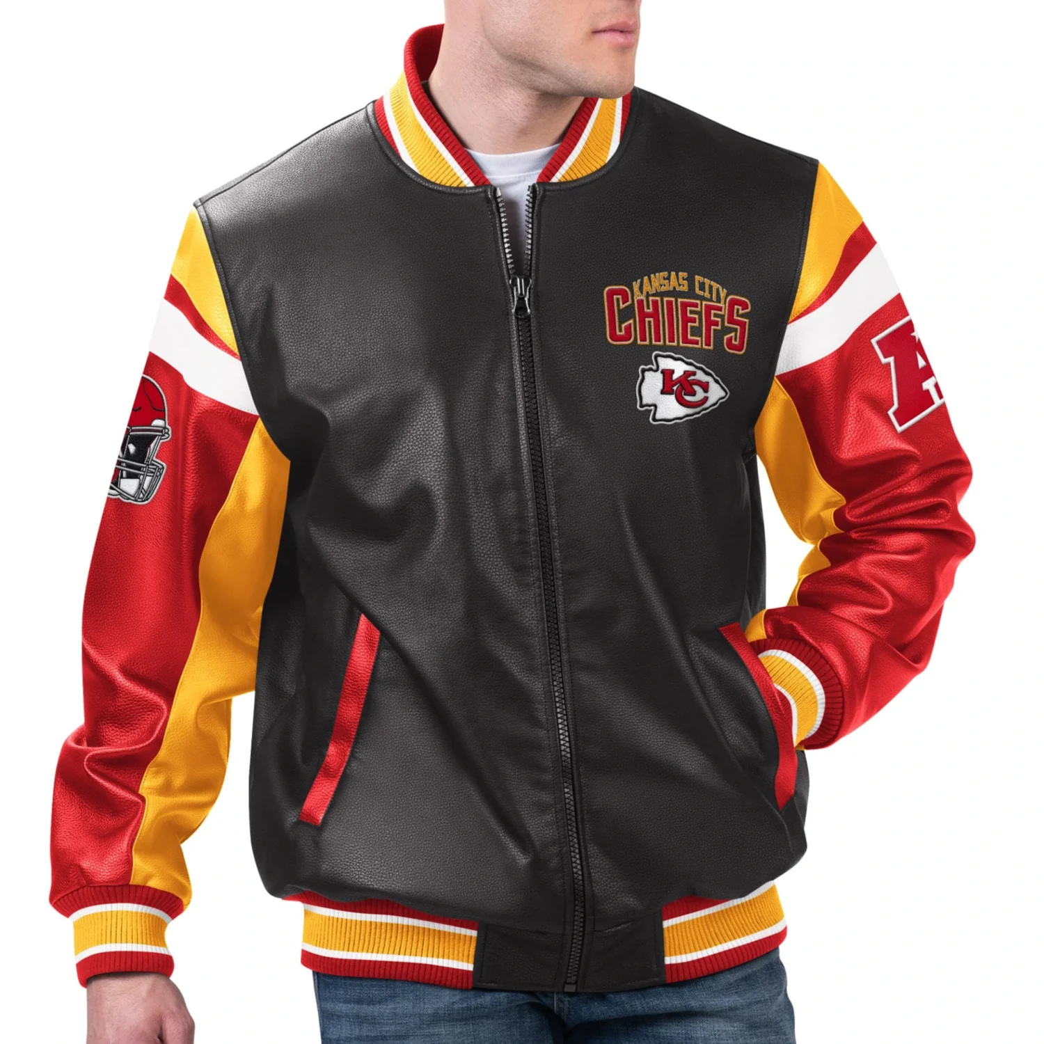 Kansas City Chiefs Full Zip Leather Varsity Jacket Black Red svj (1)