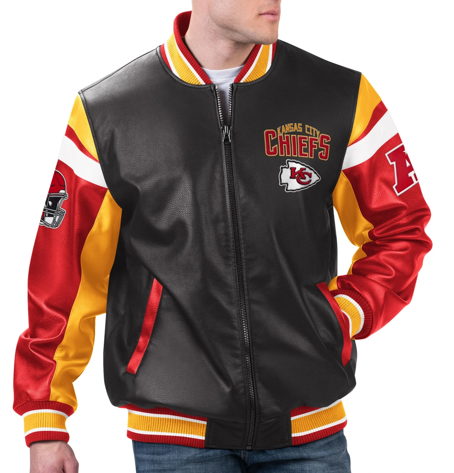 Kansas City Chiefs Full Zip Leather Varsity Jacket Black Red svj (1)