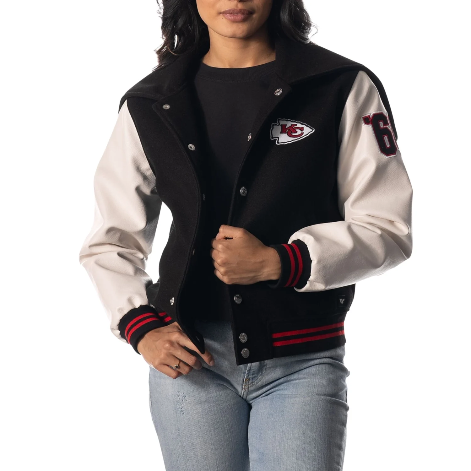 Kansas City Chiefs Womens Sailor Full Snap Hooded Varsity Jacket Black White svj (1)