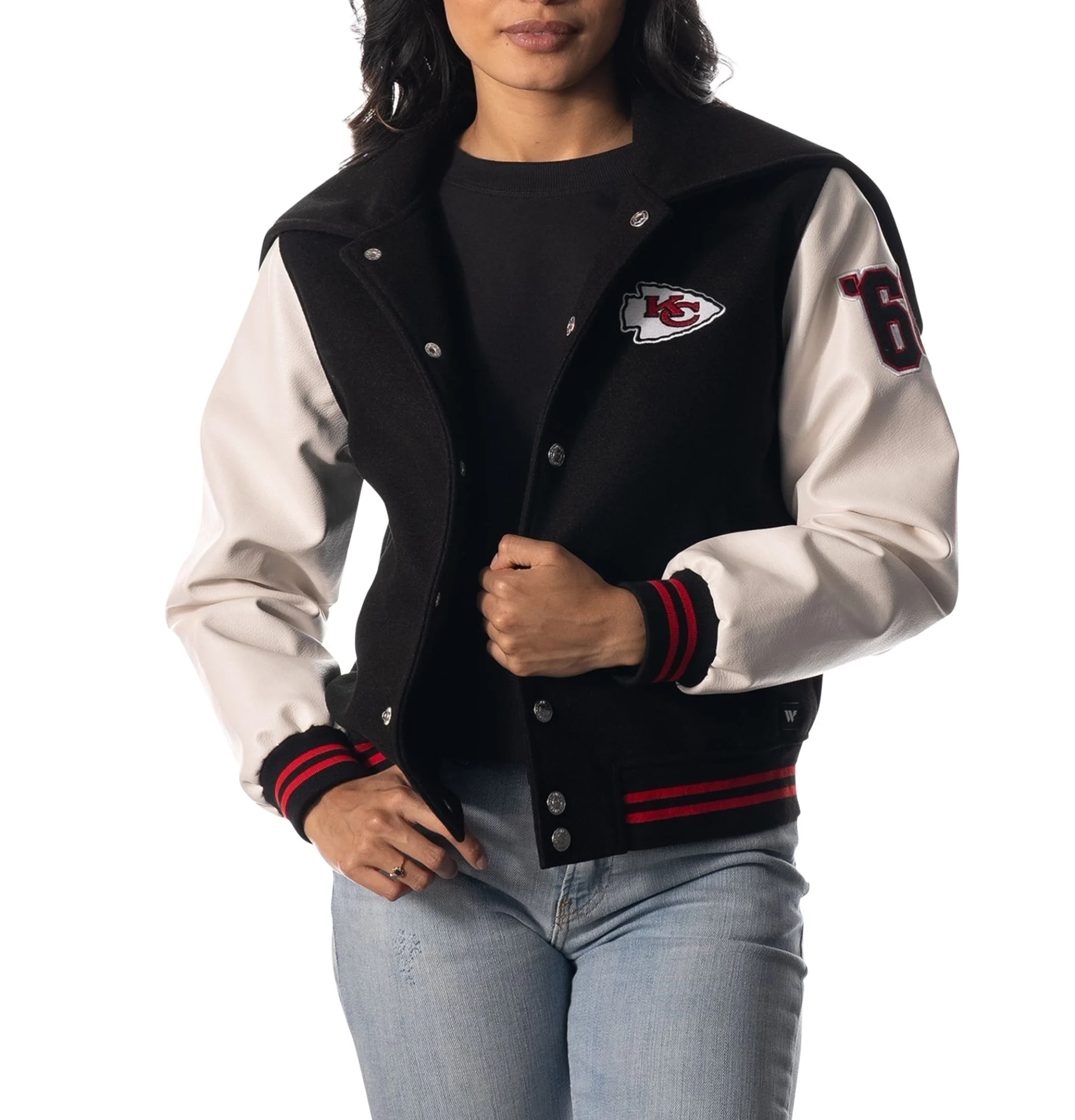 Kansas City Chiefs Womens Sailor Full Snap Hooded Varsity Jacket Black White svj (1)