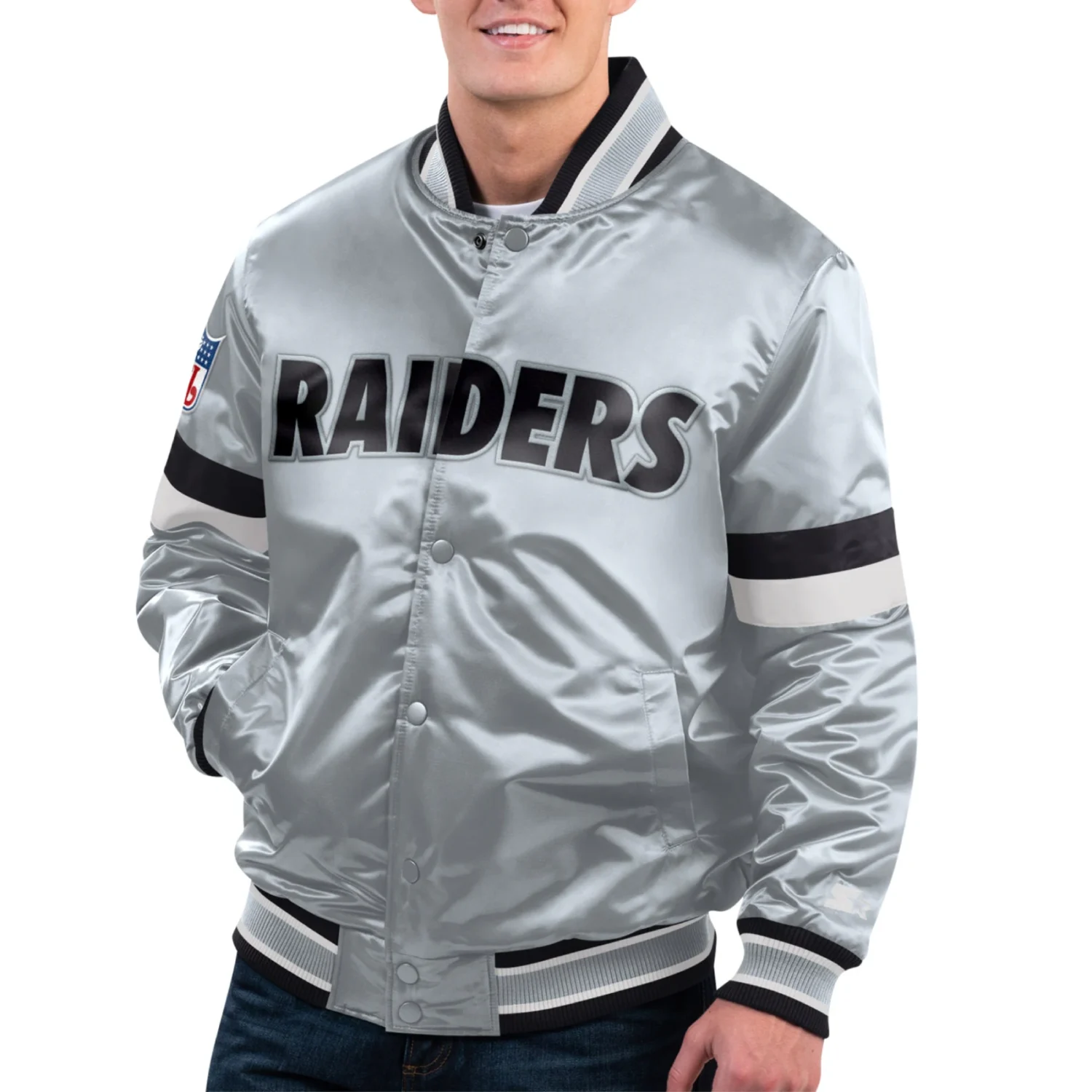 Las Vegas Raiders Gridiron Classics Home Game Satin Varsity Jacket Gray svj (2)