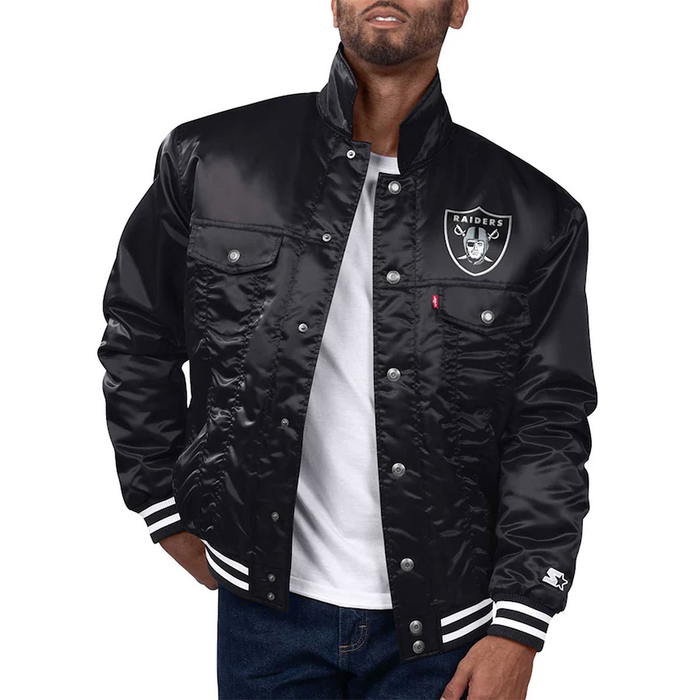 Las Vegas Raiders Silver Tab Satin Varsity Trucker Black Jacket svj (2)