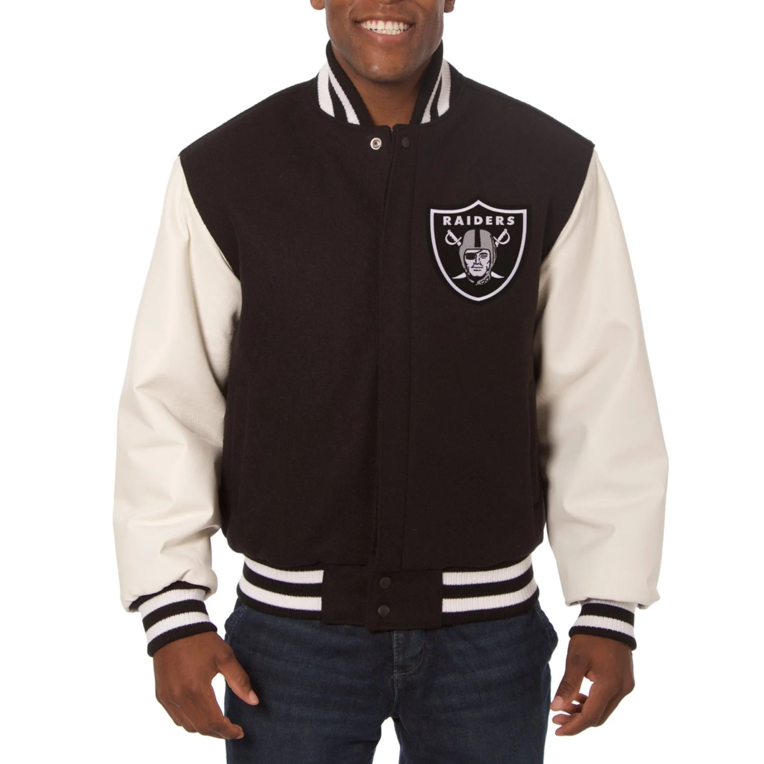 Las Vegas Raiders Two Tone Wool Leather Varsity Jacket Black White svj (2)