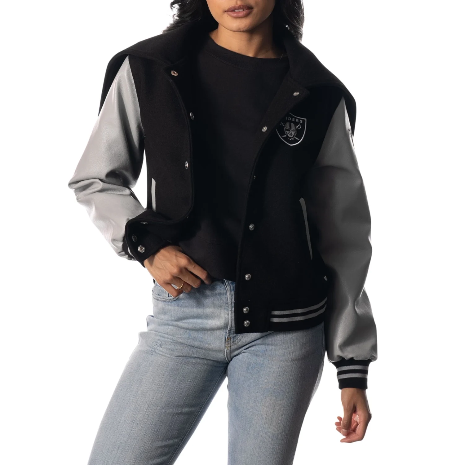 Las Vegas Raiders Womens Sailor Full Snap Hooded Varsity Jacket Black Grey svj (1)