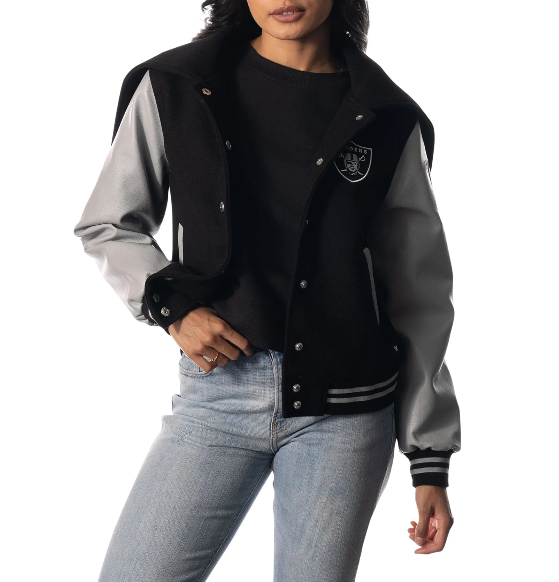 Las Vegas Raiders Womens Sailor Full Snap Hooded Varsity Jacket Black Grey svj (1)