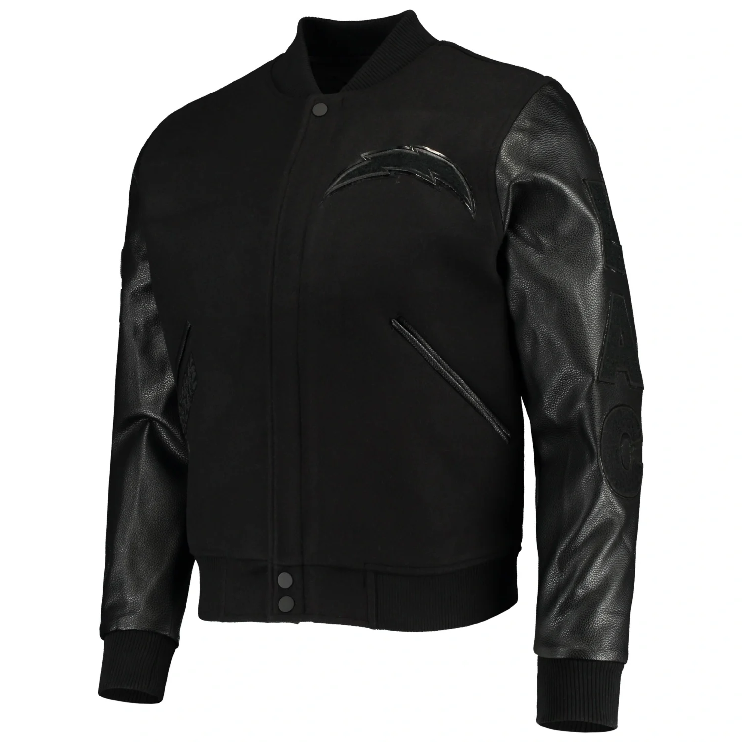 Los Angeles Chargers Pro Standard Triple Black Wool And Leather Varsity Jacket svj (4)