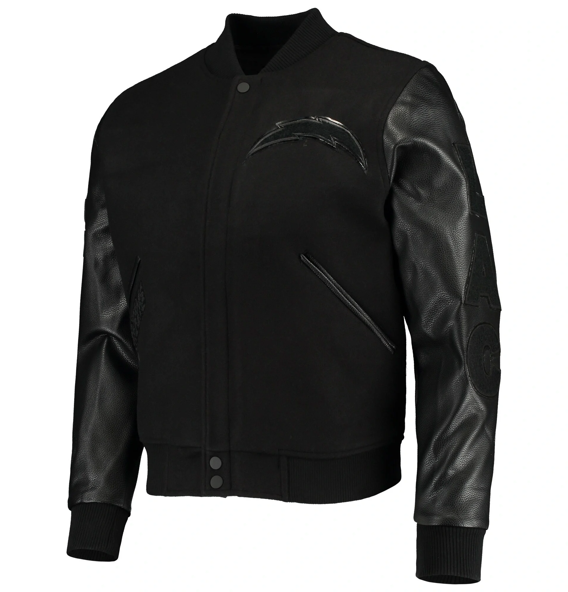Los Angeles Chargers Pro Standard Triple Black Wool And Leather Varsity Jacket svj (4)