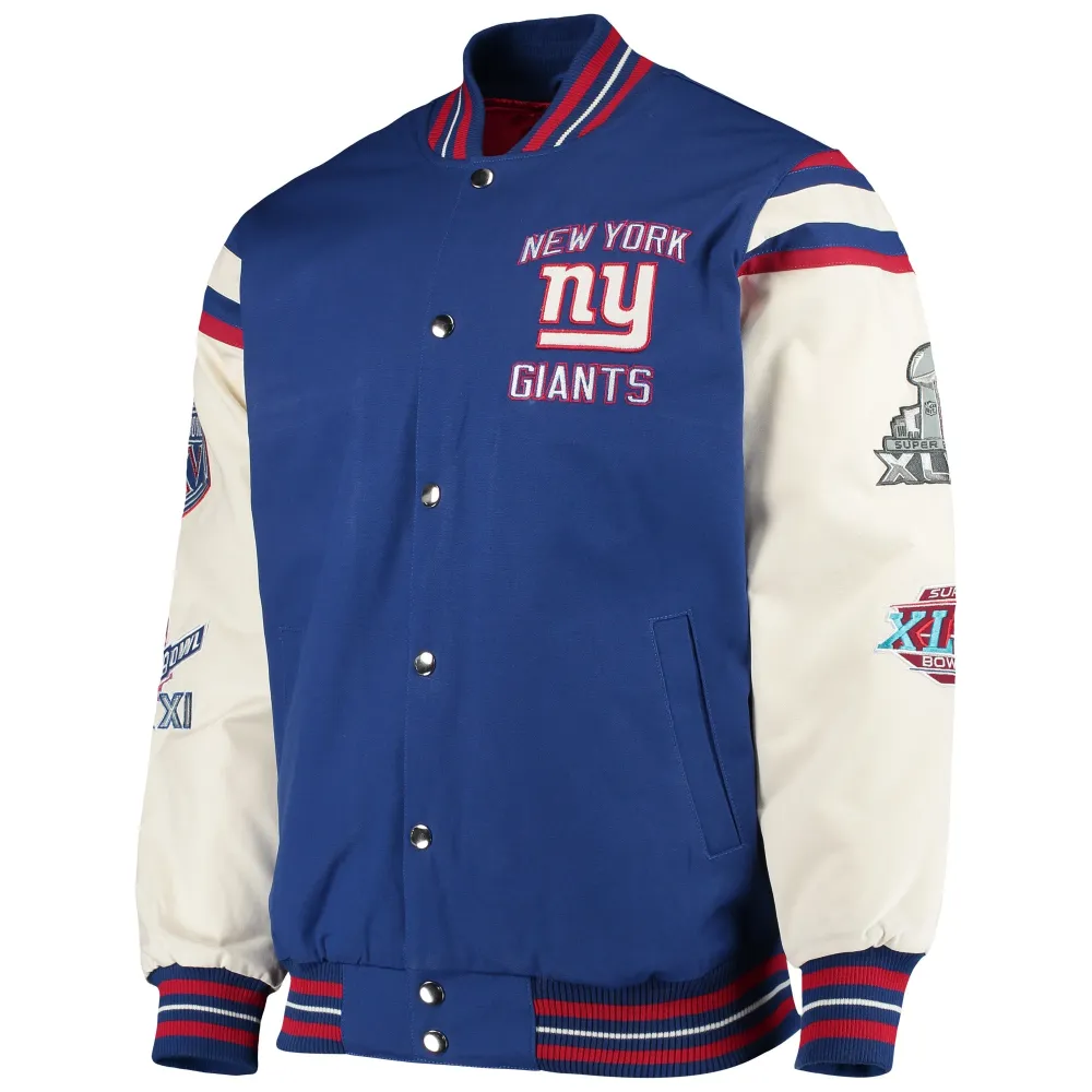 New York Giants Victory Formation Commemorative Full Snap Varsity Jacket Blue White svj (2)