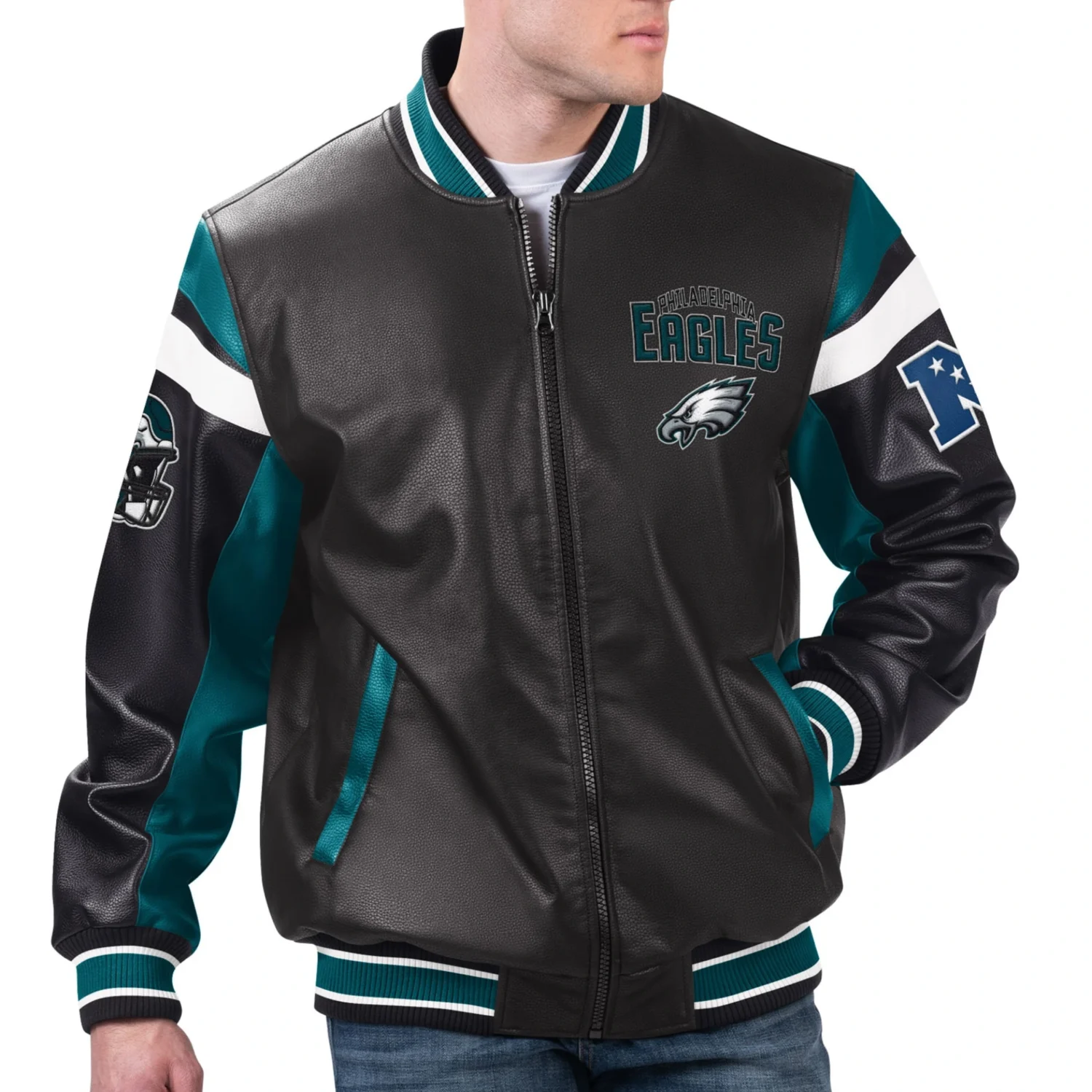 Philadelphia Eagles Full Zip Leather Varsity Jacket Black svj (2)