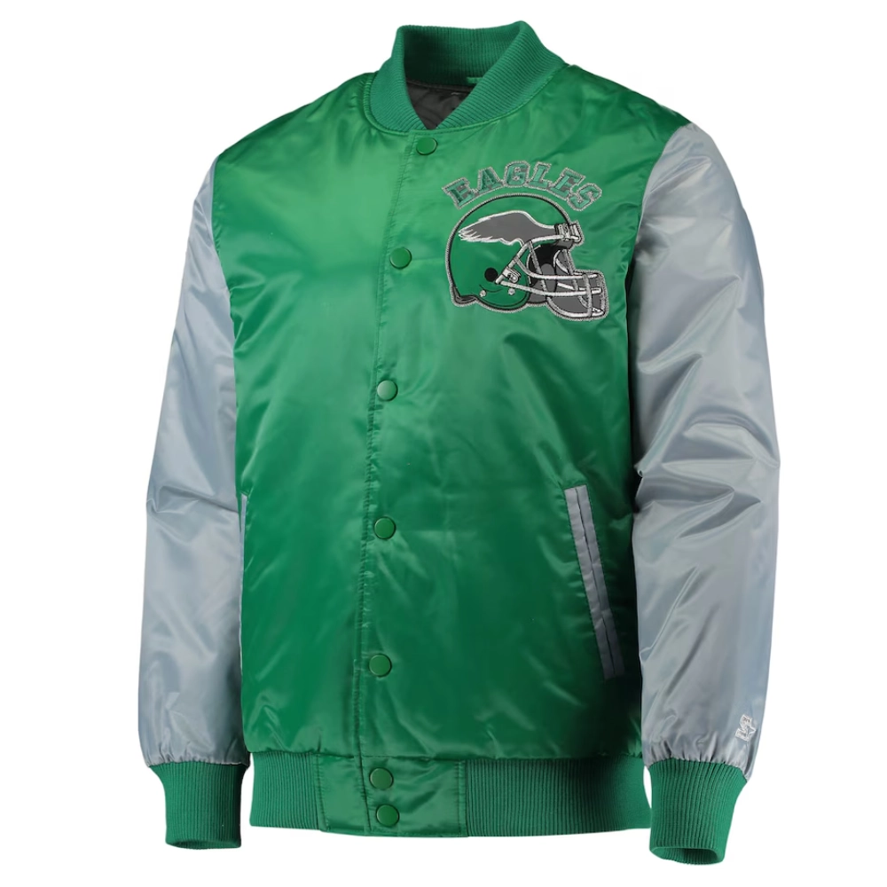 Philadelphia Eagles Locker Room Throwback Satin Varsity Jacket Green Grey svj (4)