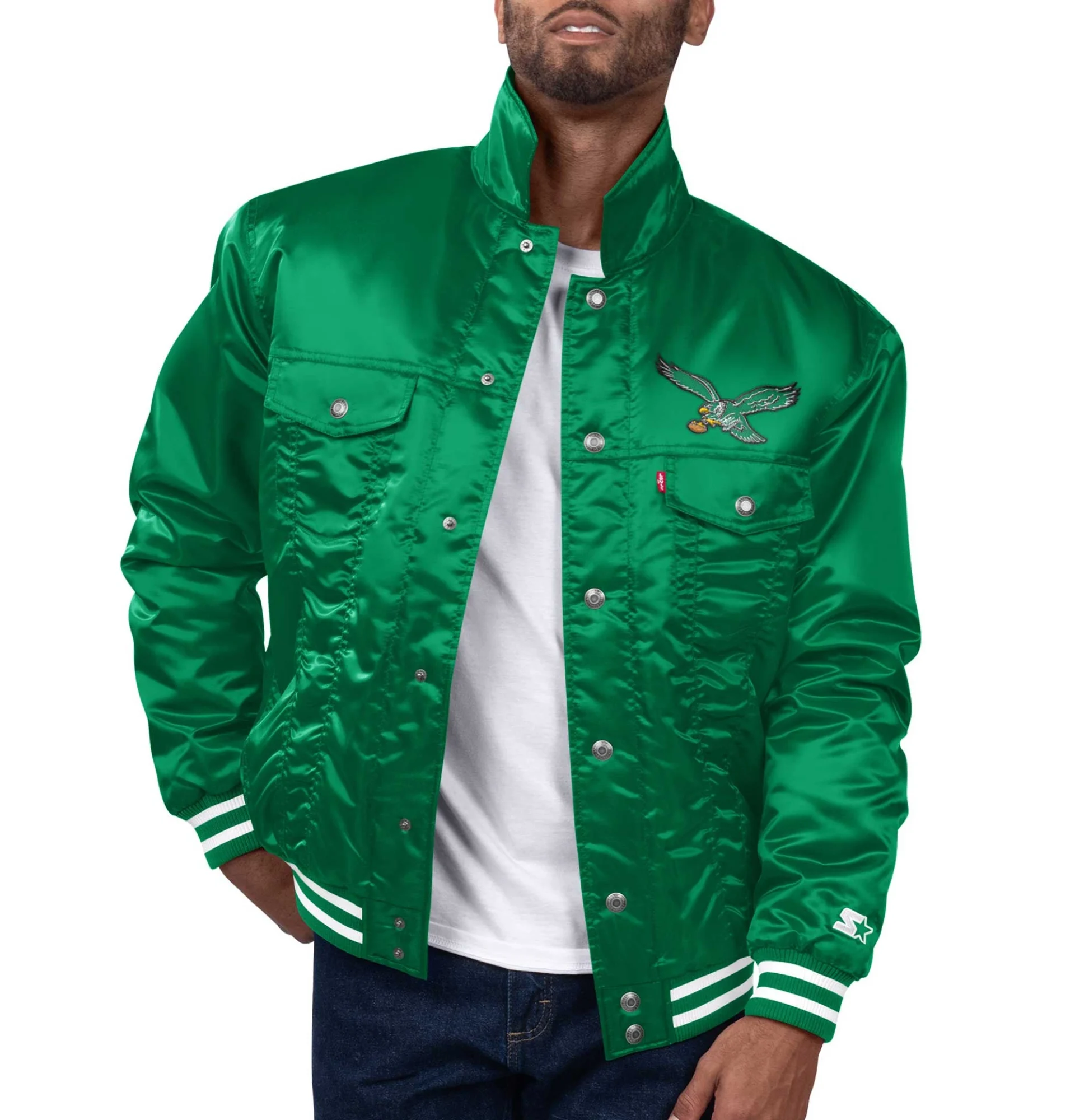 Philadelphia Eagles Silver Tab Trucker Varsity Satin Jacket Green SVJ (4)