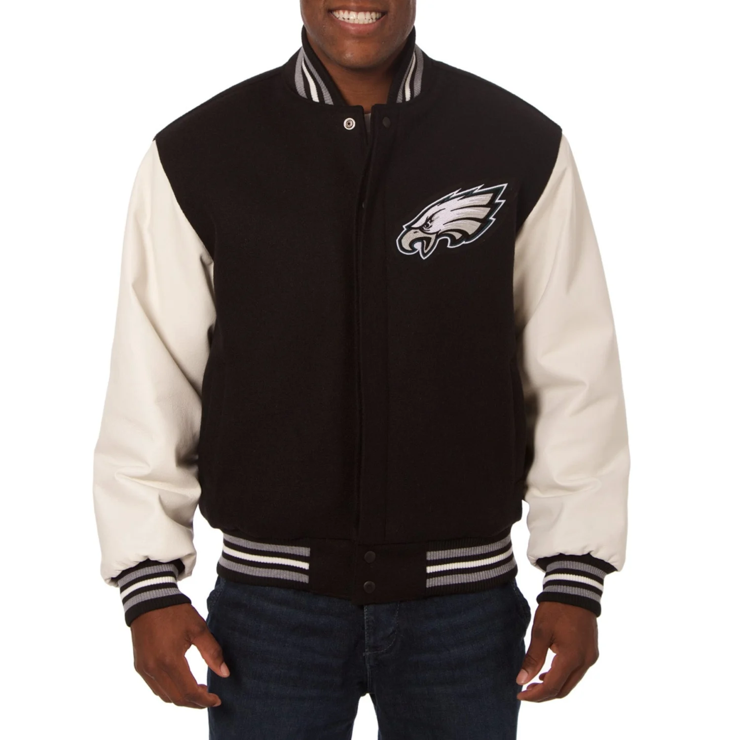 Philadelphia Eagles Two Tone Wool Leather Varsity Jacket Black Cream svj (2)