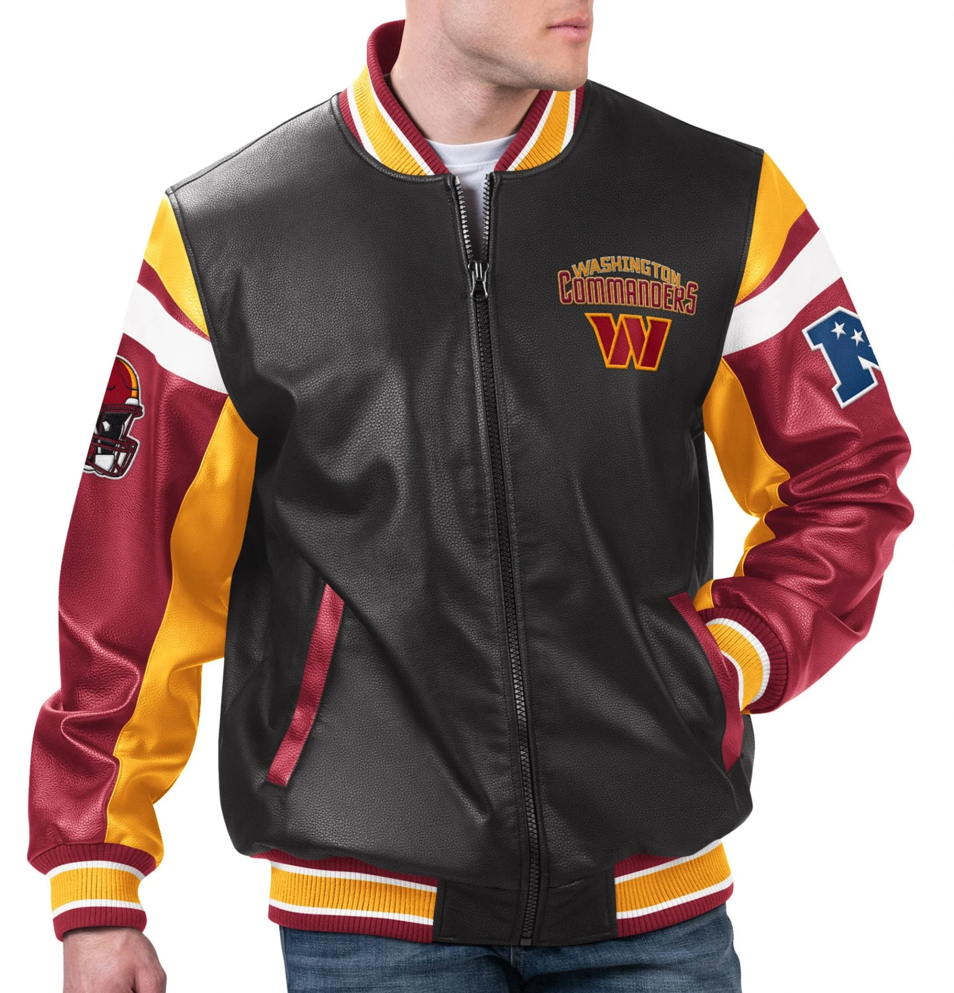 Washington Commander Full Zip Leather Varsity Jacket Black svj (2)